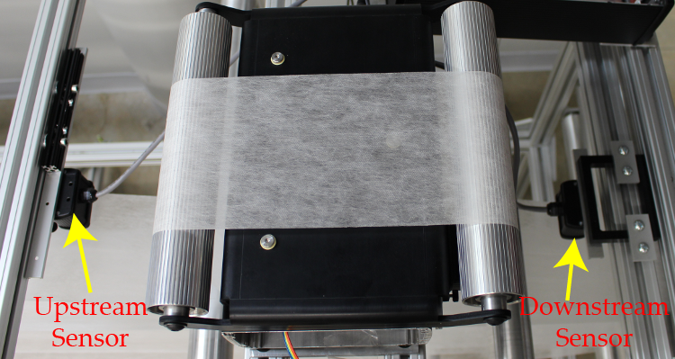 Sensors measuring web position upstream and downstream of the web guide.